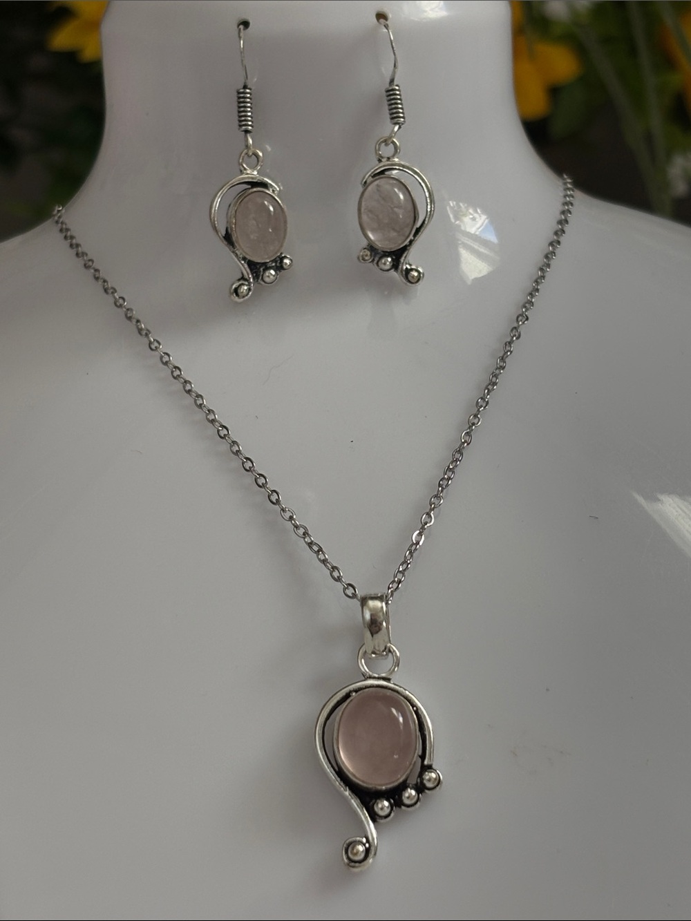 Rose Quartz Pendant Necklace and Earrings Set